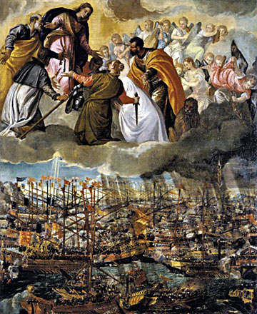 Paolo Veronese: San Pietro Martire, San Rocco, Santa Giustina e San Marco implorano la Vergine del Rosario di soccorrere le navi cristiane nella battaglia di Lepanto